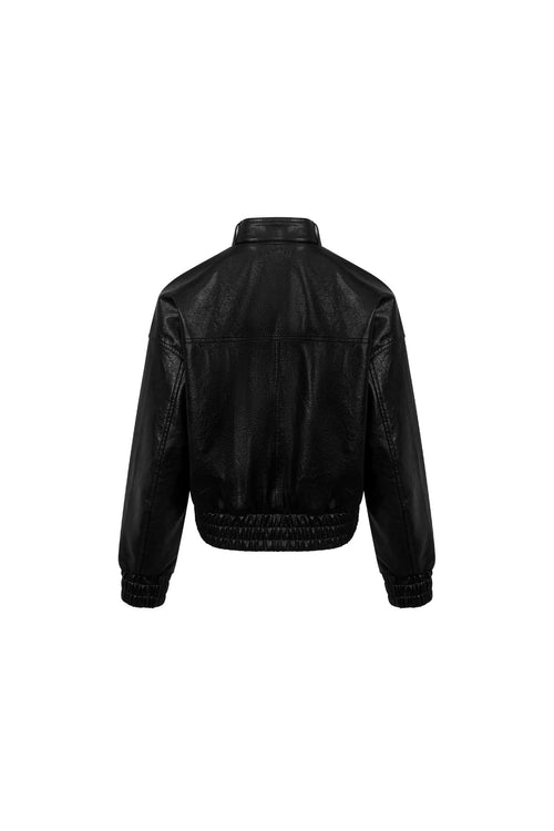 Black Stand - up Collar Faux Leather Jacket - ANN ANDELMAN