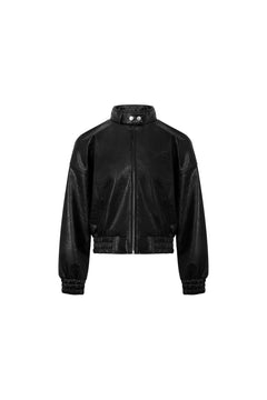 Black Stand - up Collar Faux Leather Jacket - ANN ANDELMAN