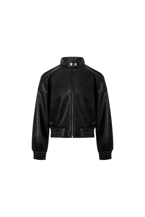 Black Stand - up Collar Faux Leather Jacket - ANN ANDELMAN