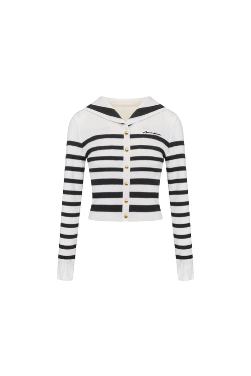 Black Striped Sailor Collar Cropped Cardigan - ANN ANDELMAN