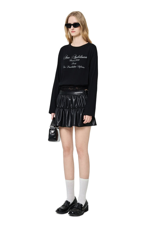 Black T-shirt with Lace Trim Hem - ANN ANDELMAN