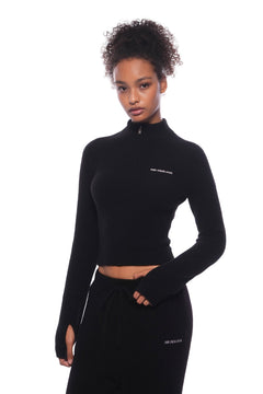 Black Turtleneck Stretch Half - zip Knit Top - ANN ANDELMAN