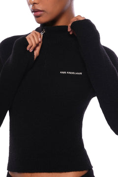 Black Turtleneck Stretch Half - zip Knit Top - ANN ANDELMAN