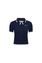 Blue Bow - tie POLO Short - sleeved Knit Top - ANN ANDELMAN