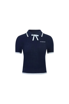 Blue Bow - tie POLO Short - sleeved Knit Top - ANN ANDELMAN