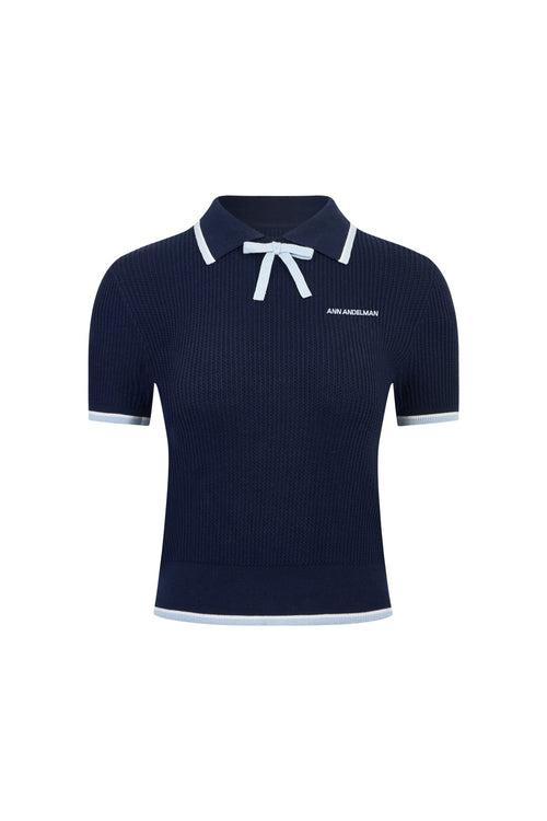 Blue Bow - tie POLO Short - sleeved Knit Top - ANN ANDELMAN