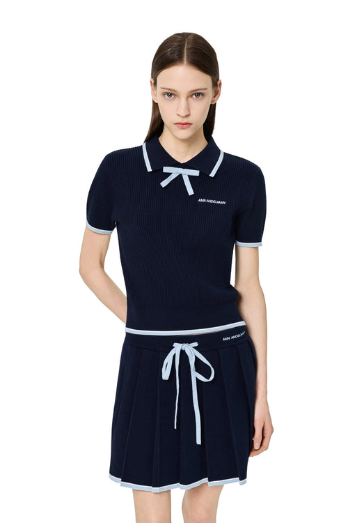 Blue Bow - tie POLO Short - sleeved Knit Top - ANN ANDELMAN