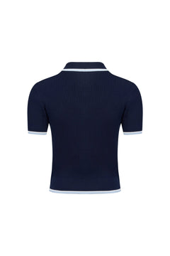 Blue Bow - tie POLO Short - sleeved Knit Top - ANN ANDELMAN