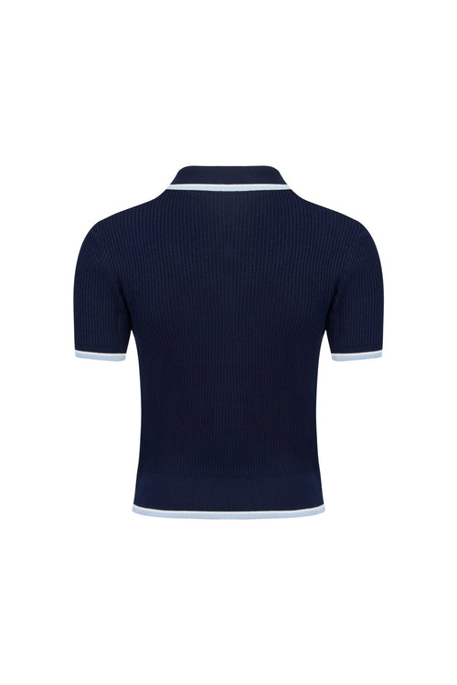 Blue Bow - tie POLO Short - sleeved Knit Top - ANN ANDELMAN