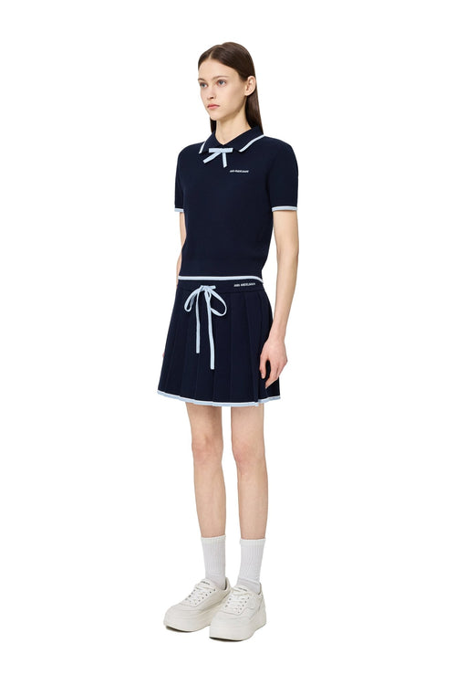 Blue Bow - tie POLO Short - sleeved Knit Top - ANN ANDELMAN