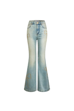 Blue Bow - tie Rhinestone Washed Flared Jeans - ANN ANDELMAN