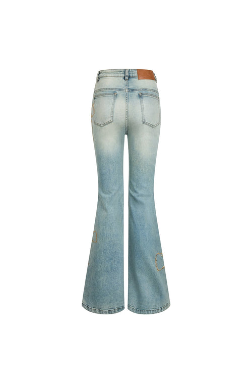 Blue Bow - tie Rhinestone Washed Flared Jeans - ANN ANDELMAN