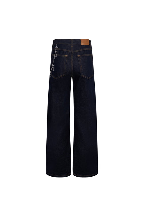 Blue Chain Rhinestone Straight - leg Wide - leg Jeans - ANN ANDELMAN