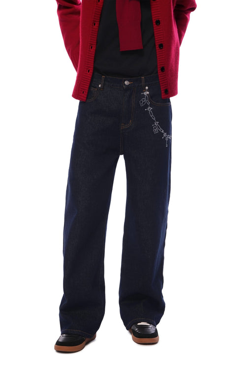 Blue Chain Rhinestone Straight - leg Wide - leg Jeans - ANN ANDELMAN
