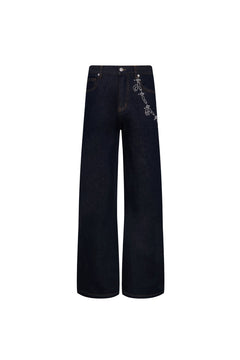 Blue Chain Rhinestone Straight - leg Wide - leg Jeans - ANN ANDELMAN