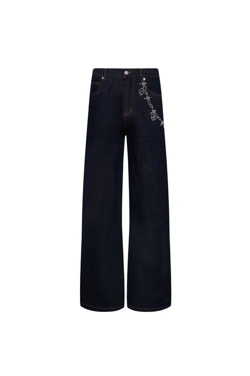 Blue Chain Rhinestone Straight - leg Wide - leg Jeans - ANN ANDELMAN
