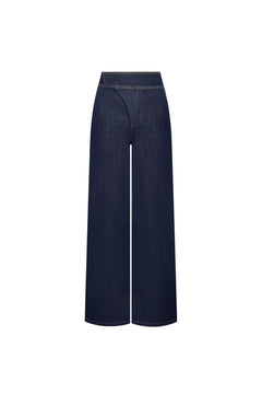 Blue Color - blocked Denim Wide - leg Pants - ANN ANDELMAN