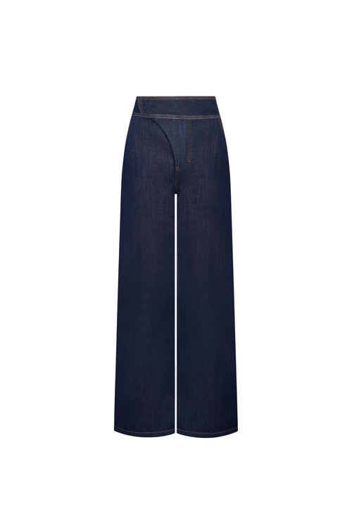 Blue Color - blocked Denim Wide - leg Pants - ANN ANDELMAN