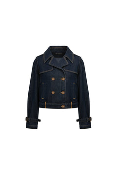 Blue Denim and Suede Patchwork Short Trench Coat - ANN ANDELMAN