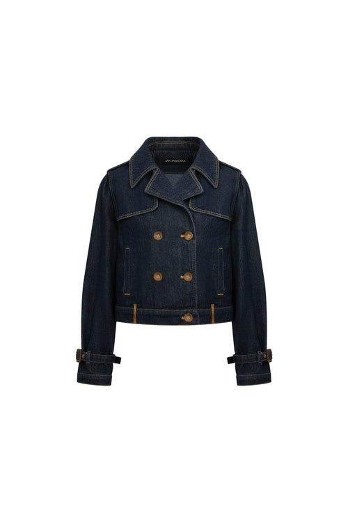 Blue Denim and Suede Patchwork Short Trench Coat - ANN ANDELMAN