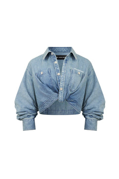 Blue Denim Cross Front Shirt - ANN ANDELMAN
