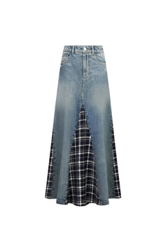 Blue Denim Patchwork Plaid Maxi Skirt - ANN ANDELMAN