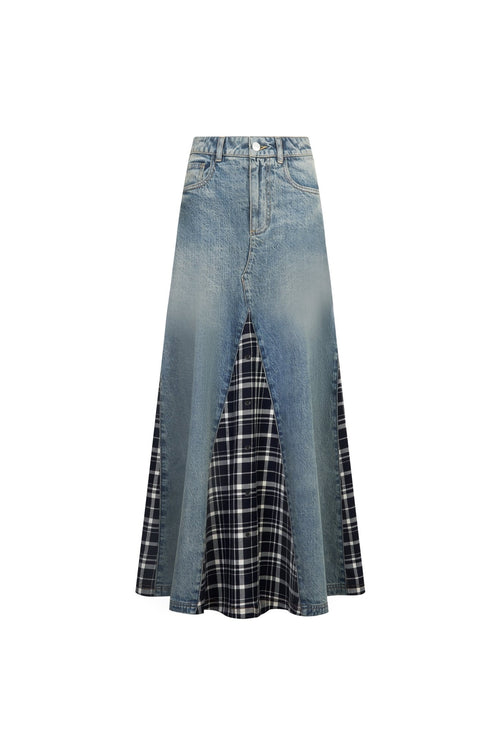 Blue Denim Patchwork Plaid Maxi Skirt - ANN ANDELMAN