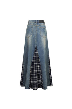 Blue Denim Patchwork Plaid Maxi Skirt - ANN ANDELMAN