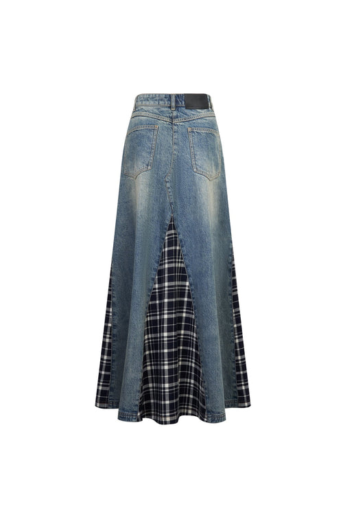 Blue Denim Patchwork Plaid Maxi Skirt - ANN ANDELMAN