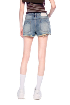 Blue Denim Shorts With Frayed Edges - ANN ANDELMAN
