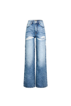 Blue Distressed Double-layer Jeans - ANN ANDELMAN