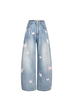 Blue Embroidered Butterfly Wide - leg Jeans - ANN ANDELMAN
