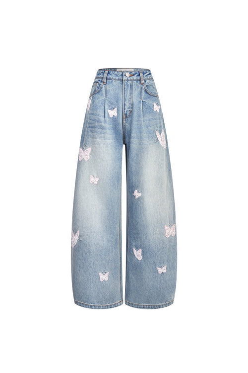 Blue Embroidered Butterfly Wide - leg Jeans - ANN ANDELMAN