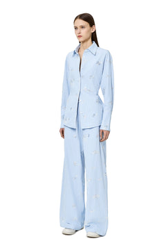 Blue Embroidered Striped Elastic Waist Wide - leg Trousers - ANN ANDELMAN