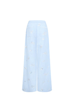 Blue Embroidered Striped Elastic Waist Wide - leg Trousers - ANN ANDELMAN