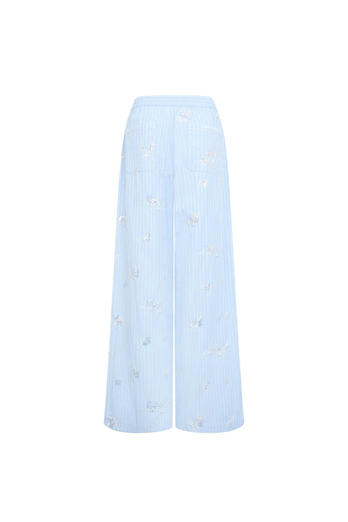 Blue Embroidered Striped Elastic Waist Wide - leg Trousers - ANN ANDELMAN