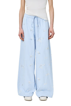 Blue Embroidered Striped Elastic Waist Wide - leg Trousers - ANN ANDELMAN