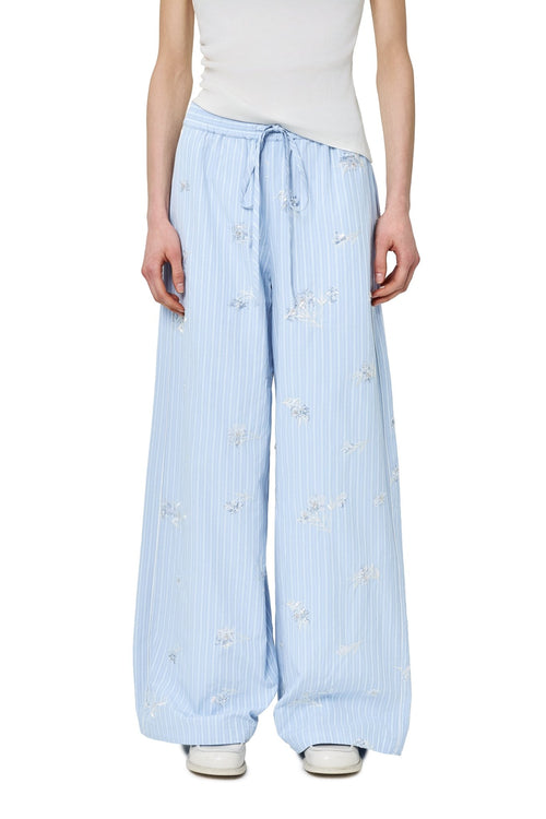 Blue Embroidered Striped Elastic Waist Wide - leg Trousers - ANN ANDELMAN
