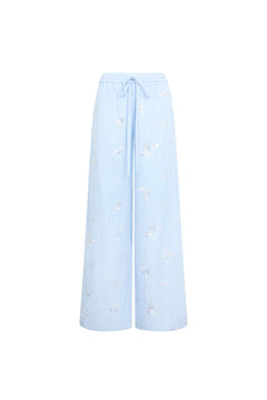 Blue Embroidered Striped Elastic Waist Wide - leg Trousers - ANN ANDELMAN