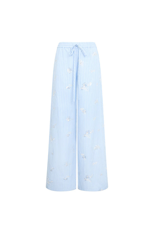 Blue Embroidered Striped Elastic Waist Wide - leg Trousers - ANN ANDELMAN
