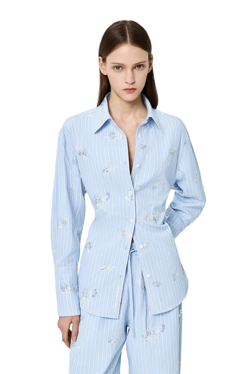 Blue Embroidered Striped Shirt - ANN ANDELMAN