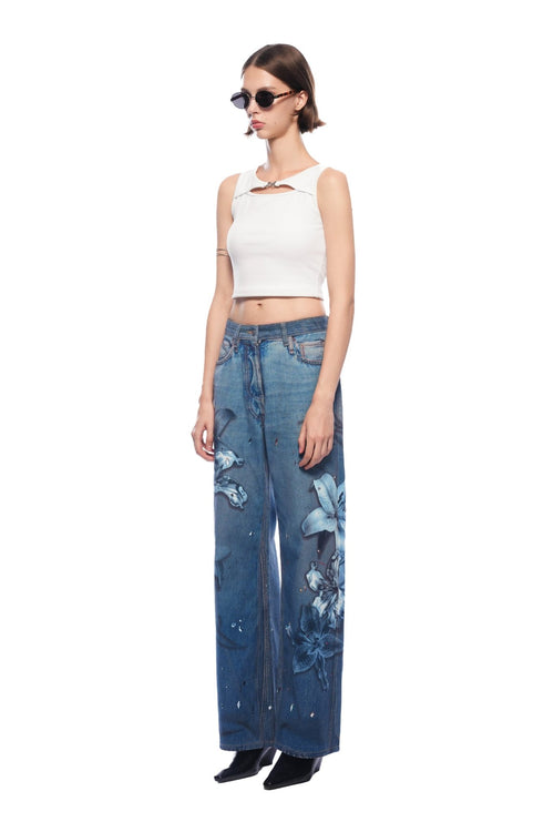 Blue Floral Wide - leg Jeans - ANN ANDELMAN