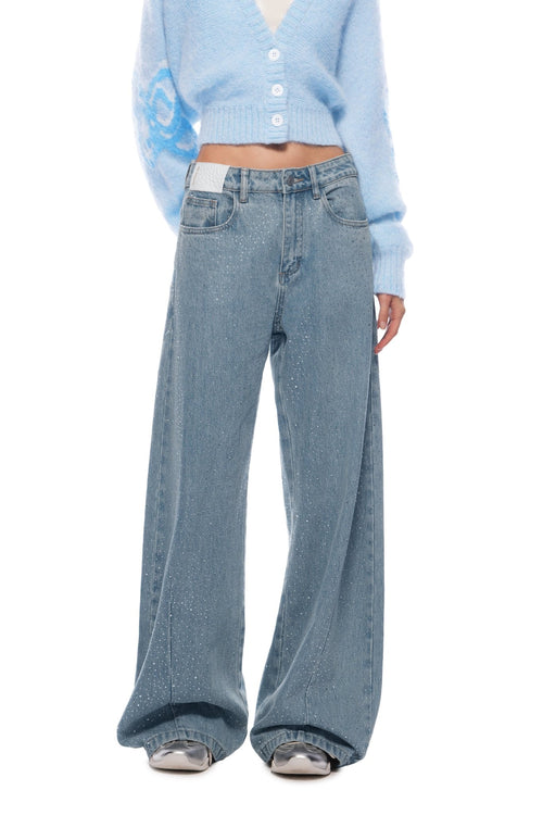 Blue High - waisted Jeans With Sparkling Rhinestones - ANN ANDELMAN