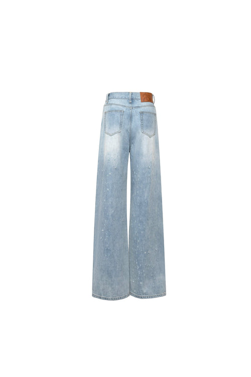 Blue High - waisted Straight - leg Jeans with Subtle Distressing - ANN ANDELMAN