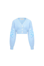 Blue Logo Flocked V - neck Knit Cardigan - ANN ANDELMAN