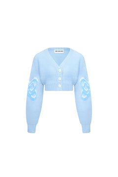 Blue Logo Flocked V - neck Knit Cardigan - ANN ANDELMAN