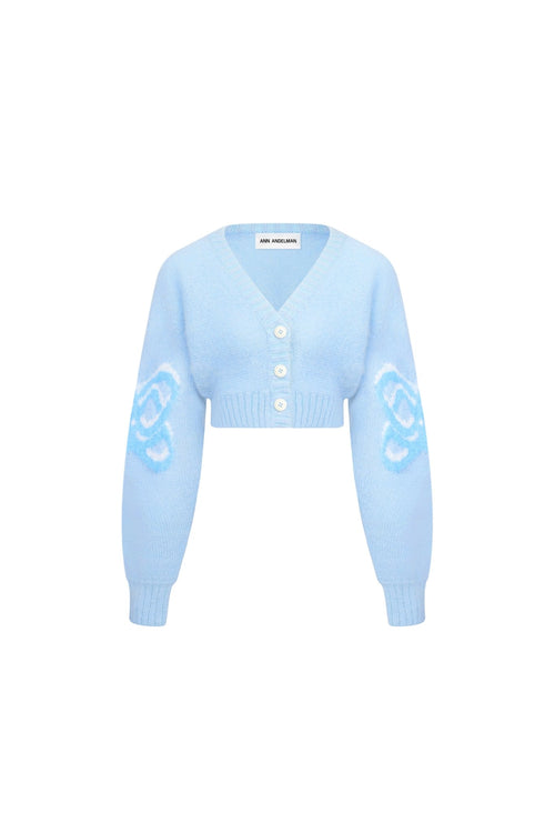 Blue Logo Flocked V - neck Knit Cardigan - ANN ANDELMAN