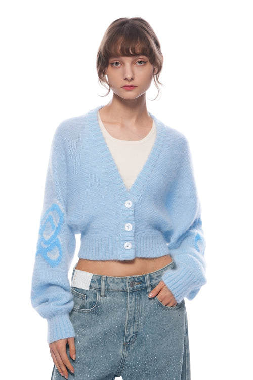 Blue Logo Flocked V - neck Knit Cardigan - ANN ANDELMAN