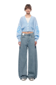 Blue Logo Flocked V - neck Knit Cardigan - ANN ANDELMAN