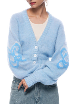 Blue Logo Flocked V - neck Knit Cardigan - ANN ANDELMAN
